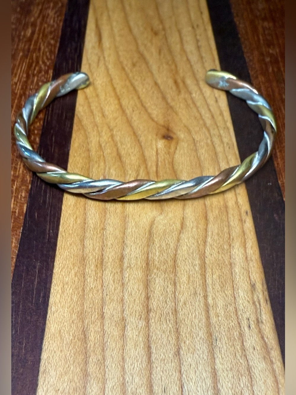 Tri-Tone Twisted Metal Cuff Bracelet - Silver, Gold & Rose